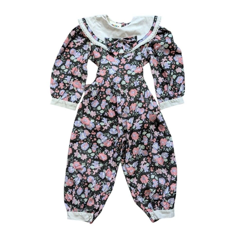 Vintage 80s/90s Fancy Pants Floral Bubble Jumpsuit Romper Collar/Bow Lace Trim